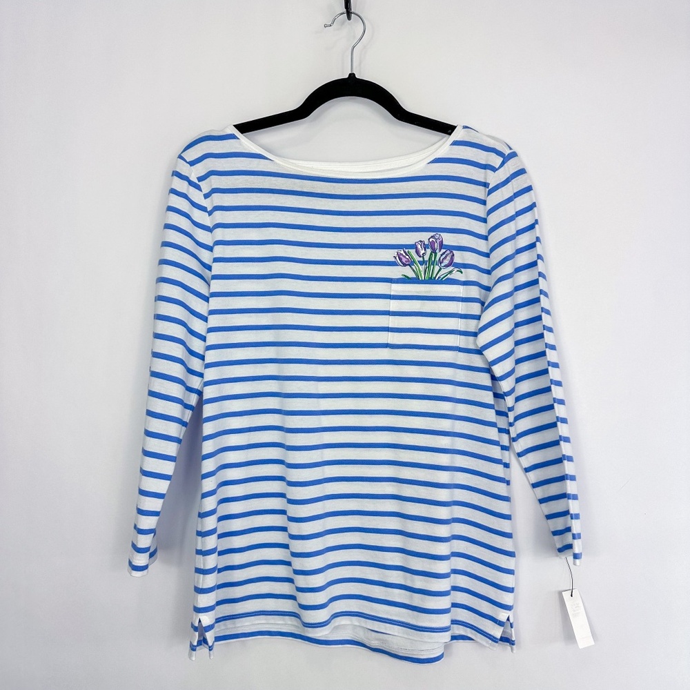 Talbots Blue & White Striped Long Sleeve Pocket Tee with Floral Embroidery